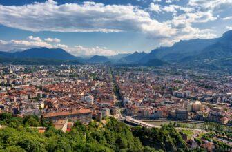 Beautiful view of Grenoble city and French Alps in summer from the Bastille Fortress. France