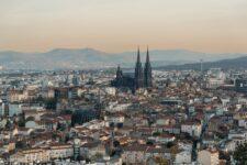 Aerial view of Clermont-Ferrand city at sunset from Parc de Monjuzet.