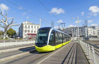 Yellow tram on the street of Brest, France